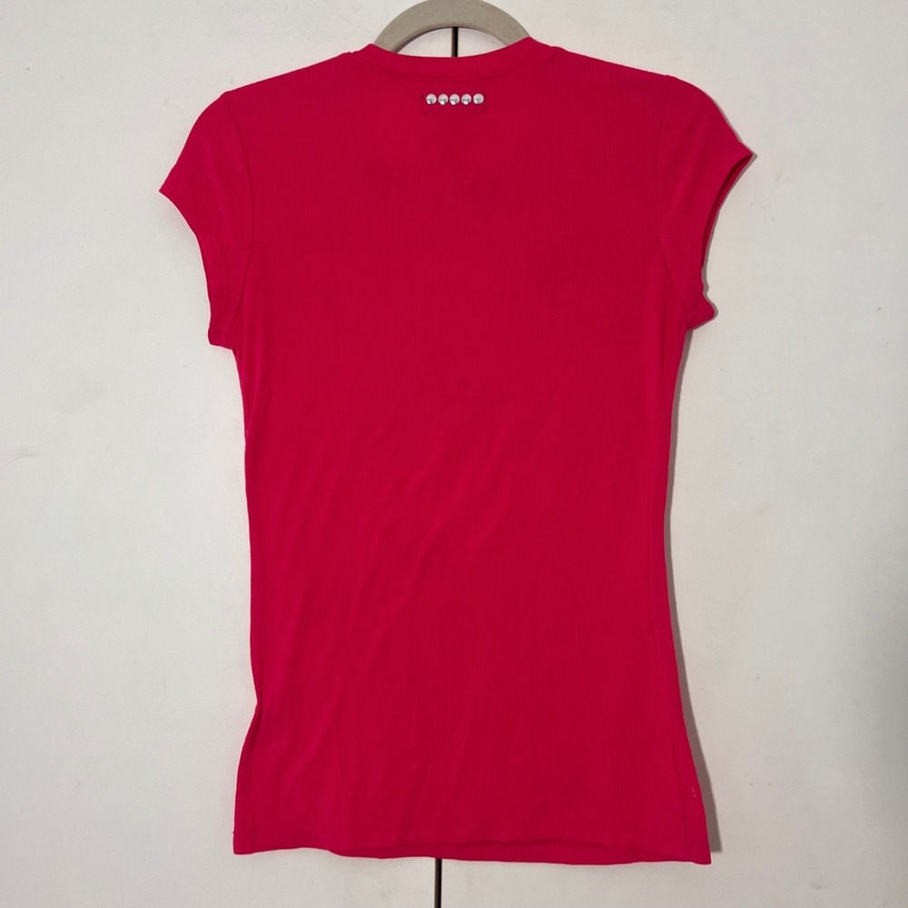 Coogi Y2K T-Shirt Womens L Hot Pink Short Sleeve Stretch Rhinestone Ribbed USA - Picture 2 of 8